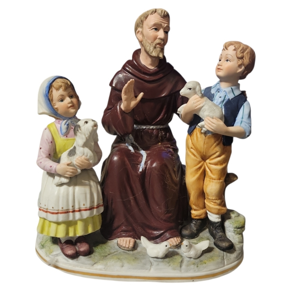 Vtg Porcelain Statue Figurine Saint Francis of Assisi Boy Girl Doves Puppy Lamb